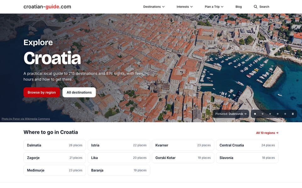 One of the Country Guides travel sites: a destination page with photos and an itinerary